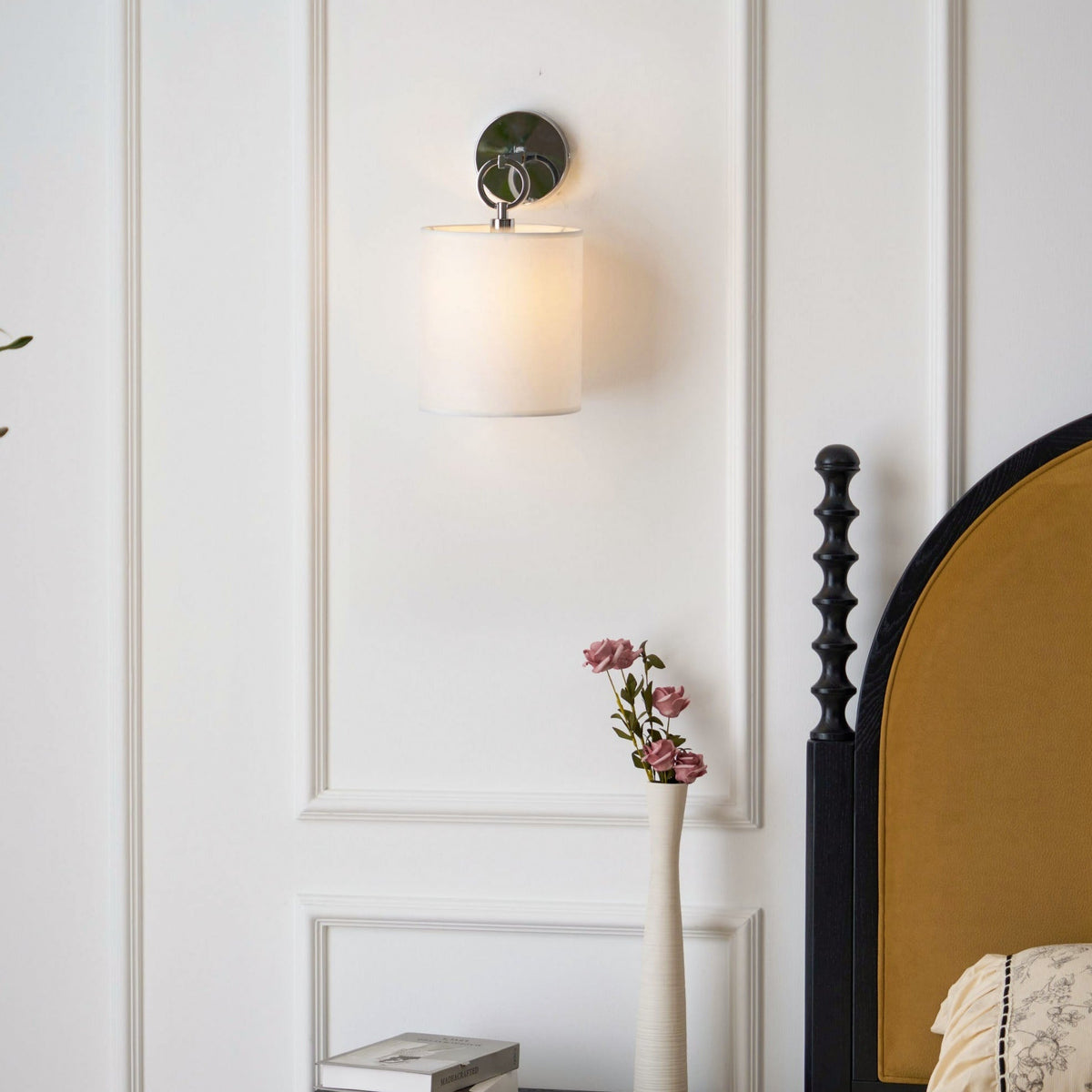 Cylindrical Fabric Shade Wall Lamp With Brass Farmhouse Ring