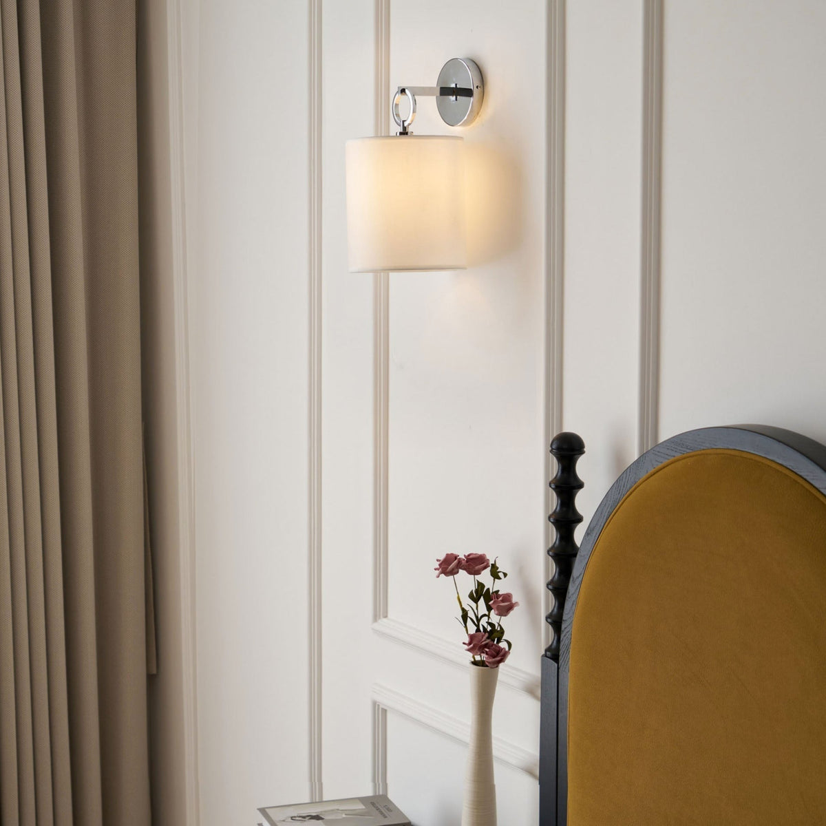 Cylindrical Fabric Shade Wall Lamp With Brass Farmhouse Ring