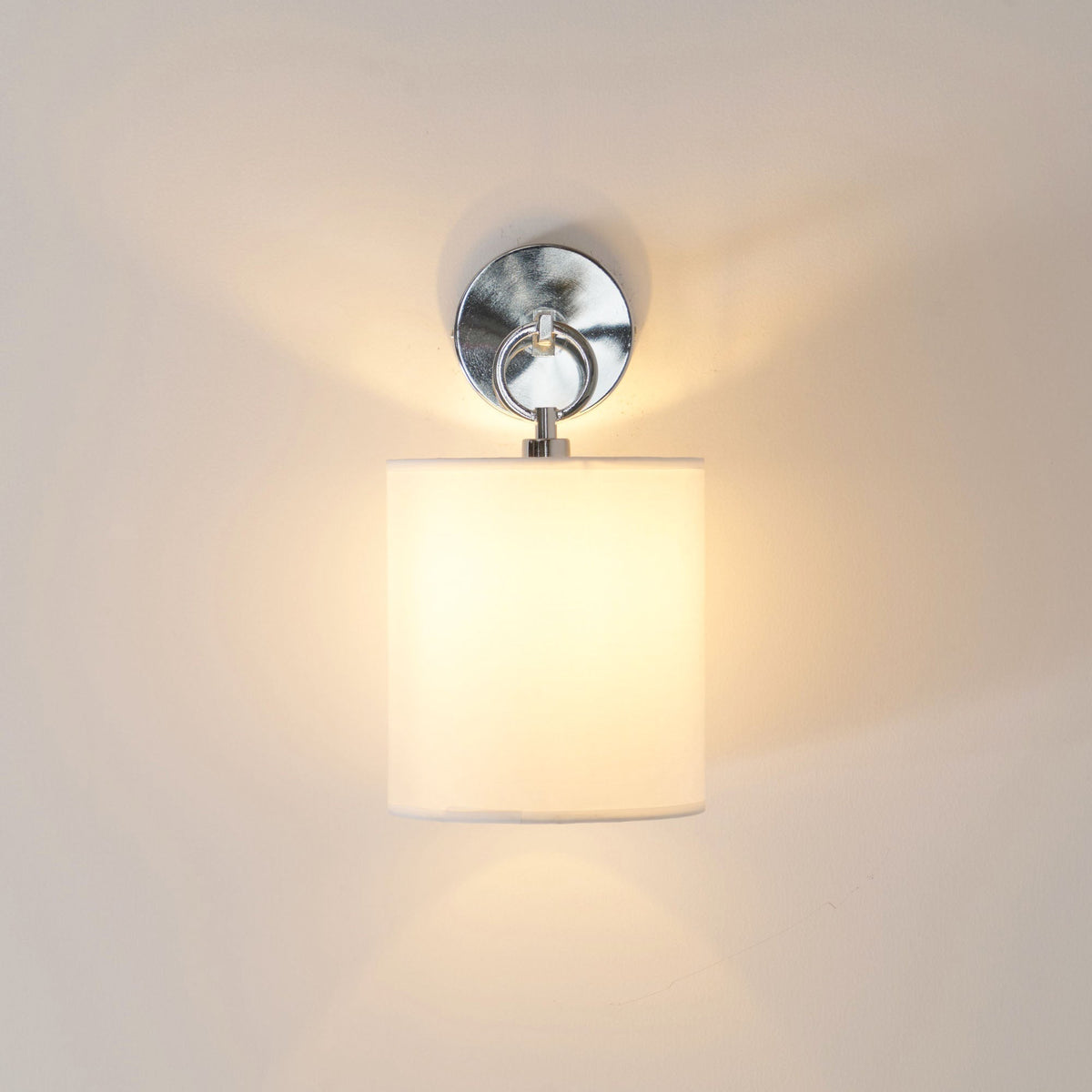 Cylindrical Fabric Shade Wall Lamp With Brass Farmhouse Ring