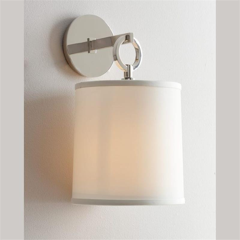 Cylindrical Fabric Shade Wall Lamp With Brass Farmhouse Ring