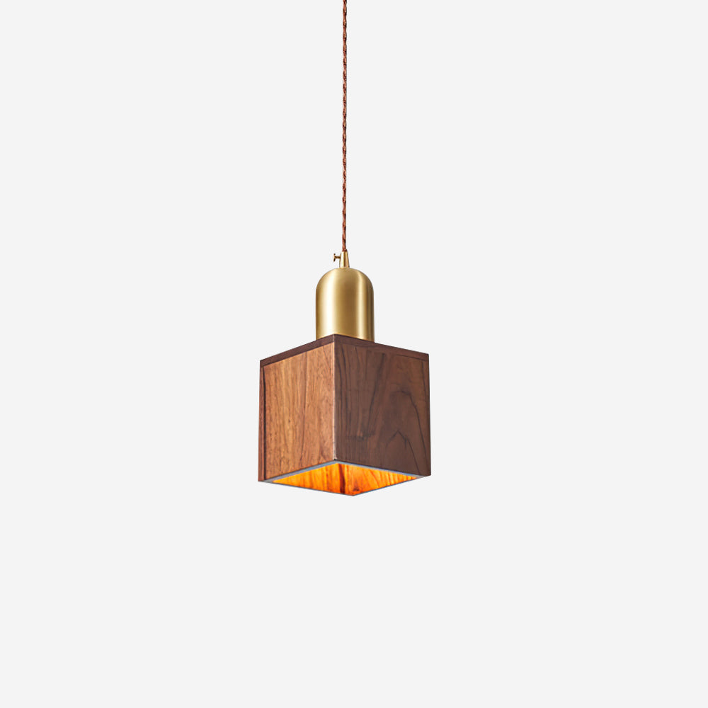 Walnut Finish Wood Pendant Lamp With Brass Accents