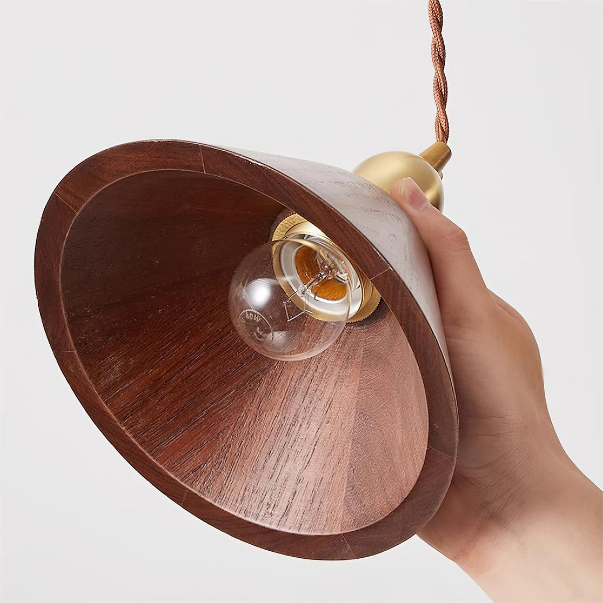Walnut Finish Wood Pendant Lamp With Brass Accents