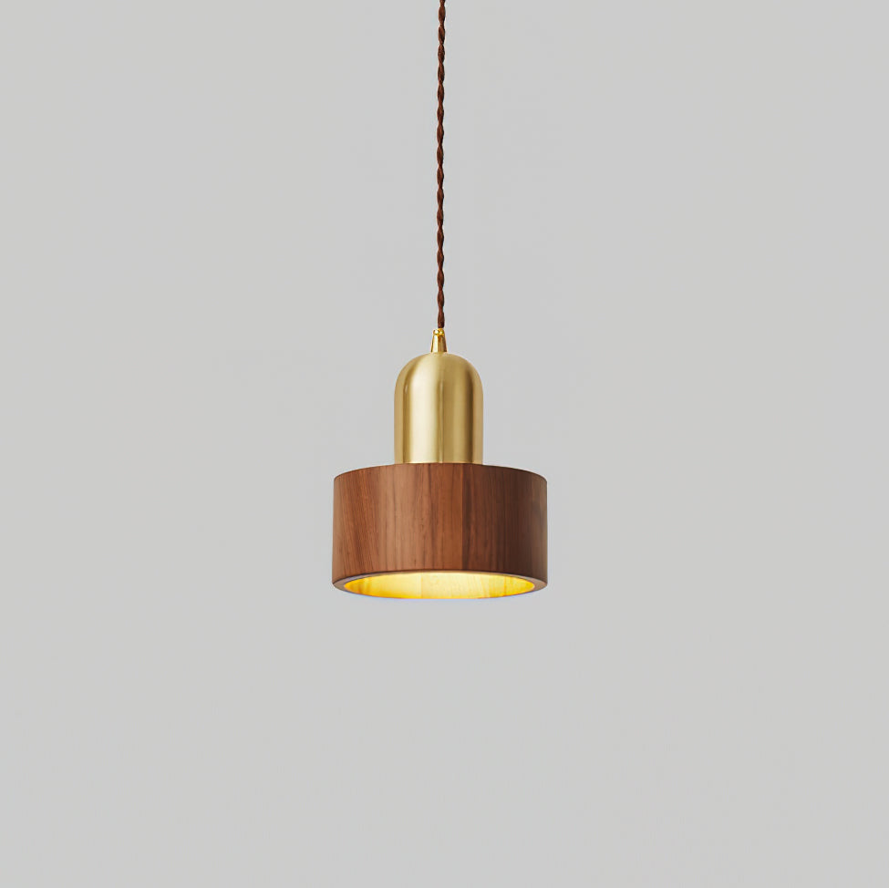 Walnut Finish Wood Pendant Lamp With Brass Accents