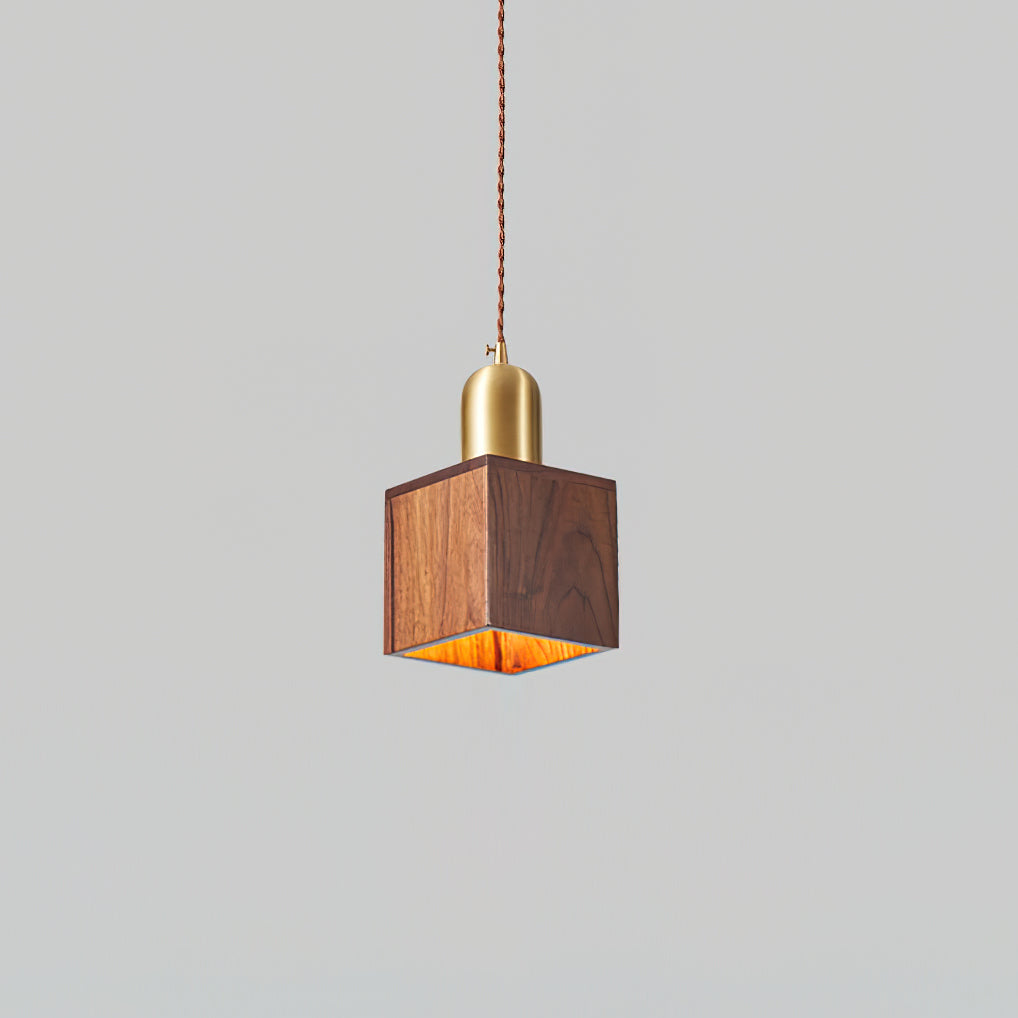 Walnut Finish Wood Pendant Lamp With Brass Accents