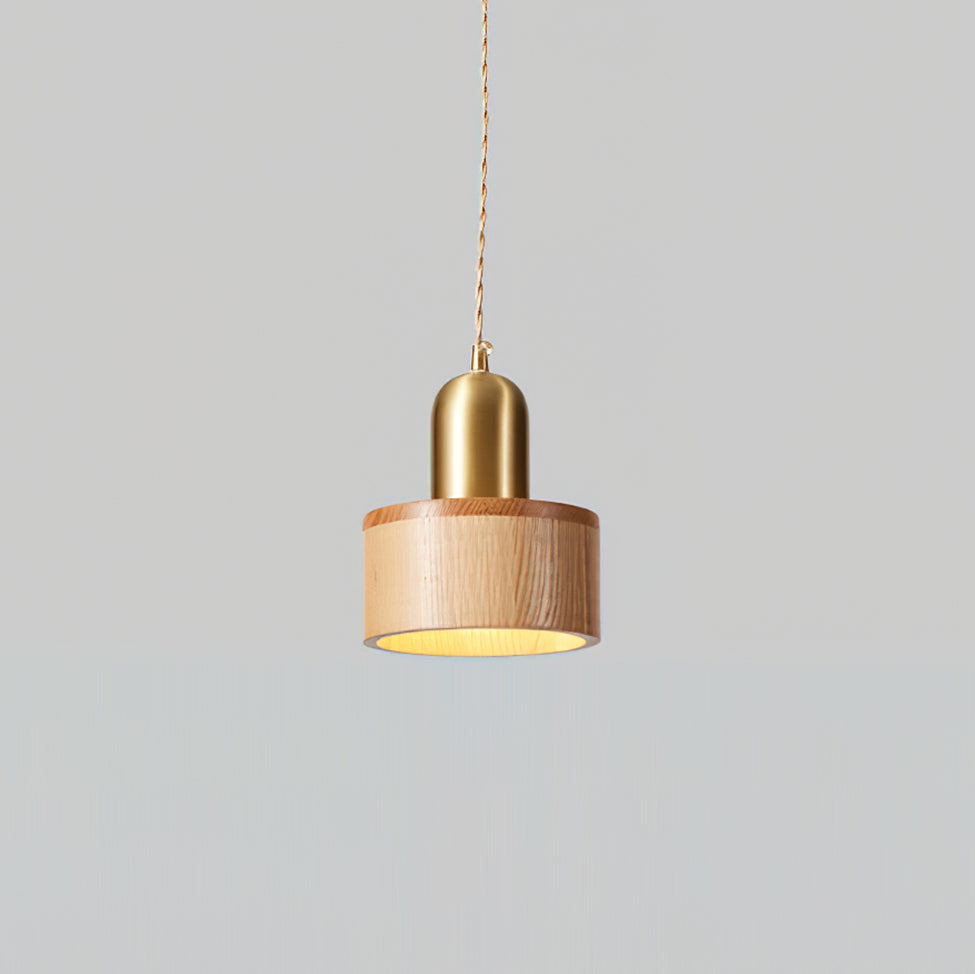 Walnut Finish Wood Pendant Lamp With Brass Accents