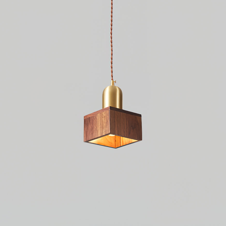 Walnut Finish Wood Pendant Lamp With Brass Accents