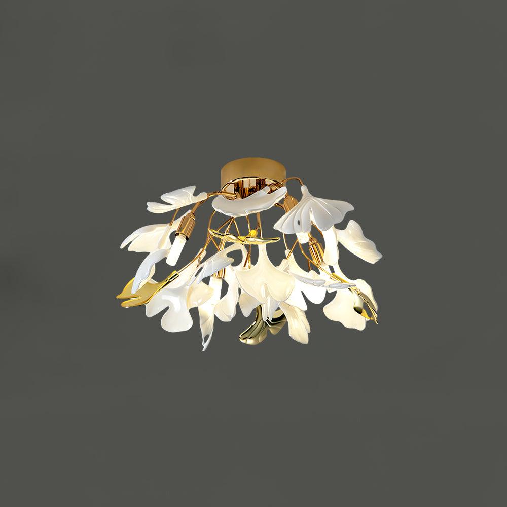 Frosted Glass Leaves And Gold Base Ginkgo Bloom Ceiling Light