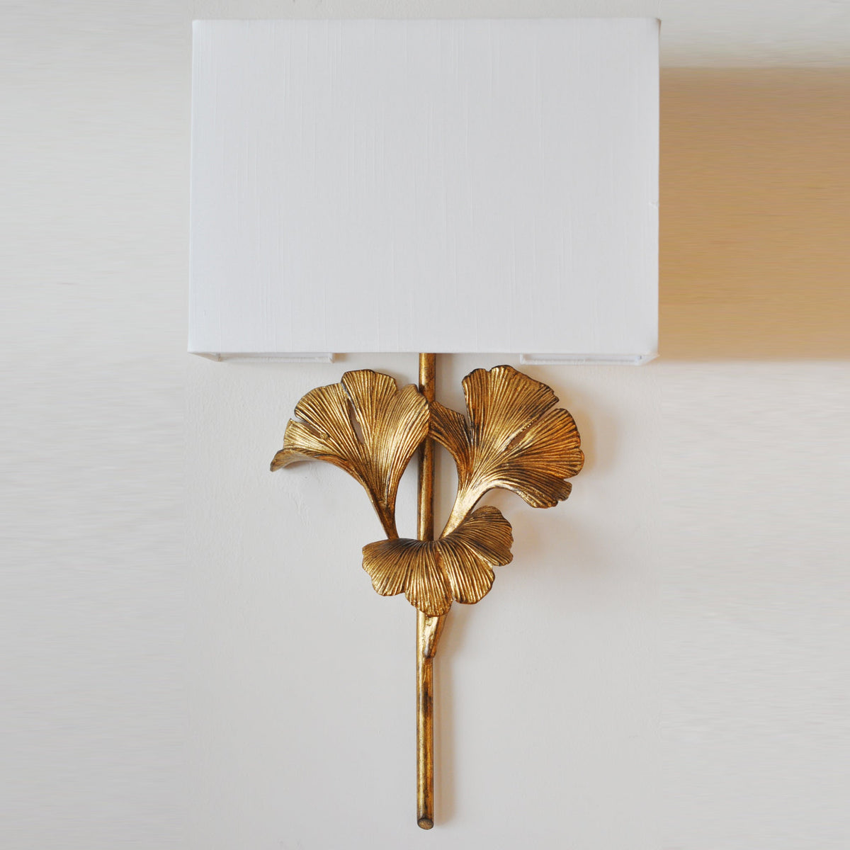 Gold Base And White Square Shade Wall Lamp With Ginkgo Leaf