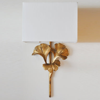 Gold Base And White Square Shade Wall Lamp With Ginkgo Leaf