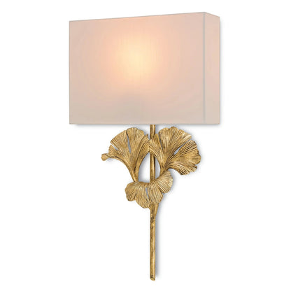 Gold Base And White Square Shade Wall Lamp With Ginkgo Leaf