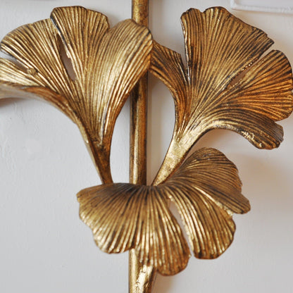 Gold Base And White Square Shade Wall Lamp With Ginkgo Leaf