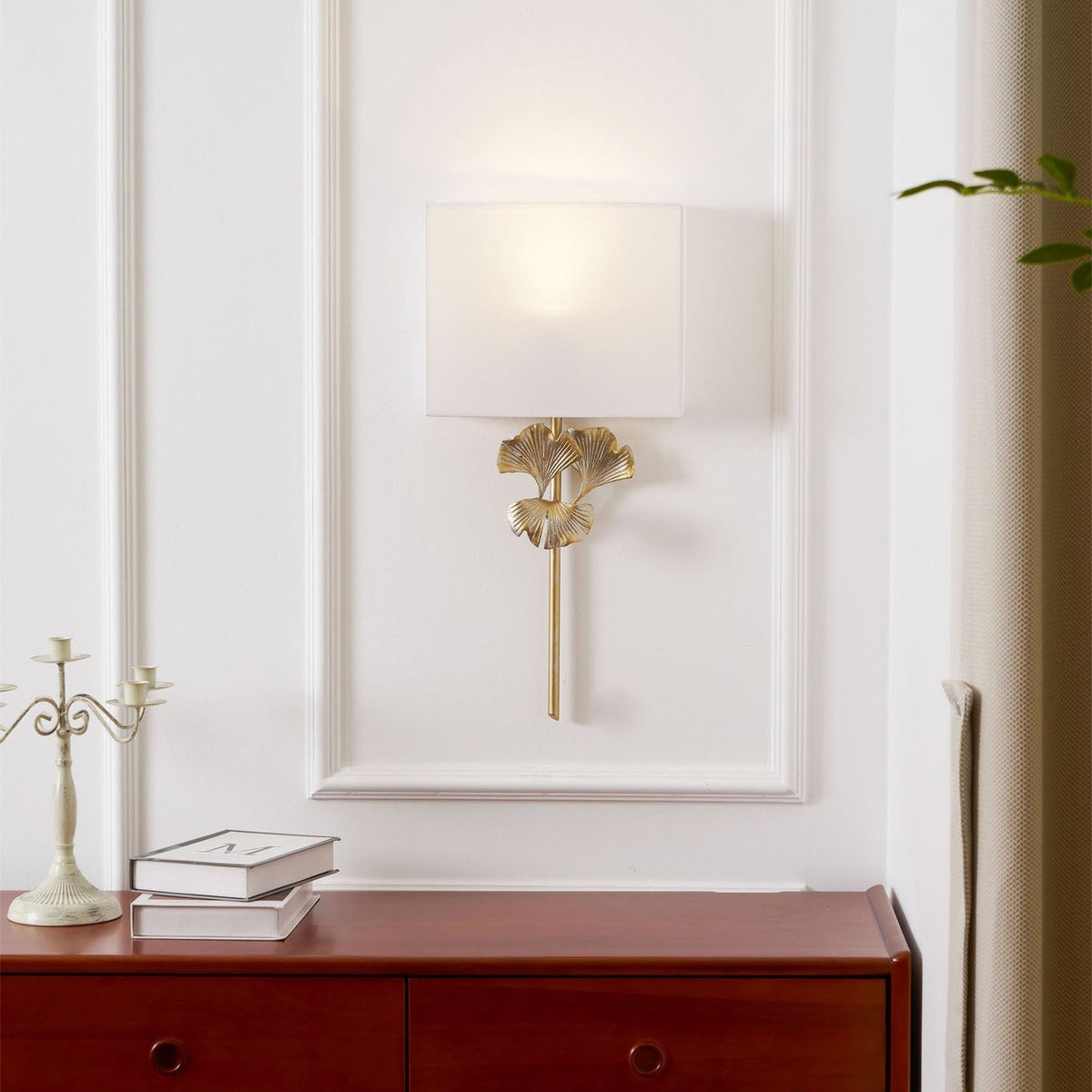 Gold Base And White Square Shade Wall Lamp With Ginkgo Leaf