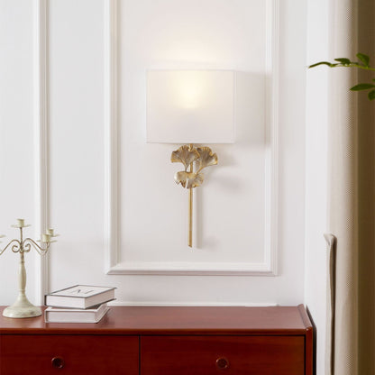 Gold Base And White Square Shade Wall Lamp With Ginkgo Leaf