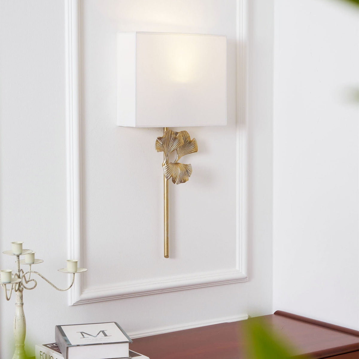 Gold Base And White Square Shade Wall Lamp With Ginkgo Leaf