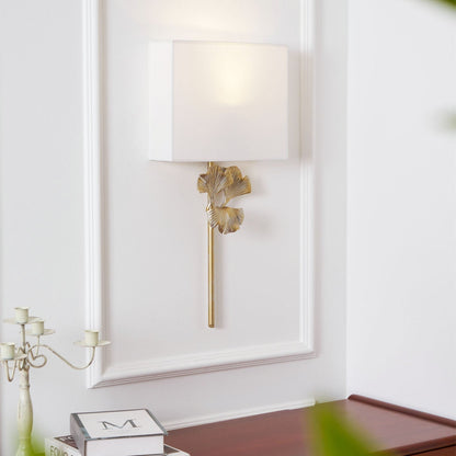 Gold Base And White Square Shade Wall Lamp With Ginkgo Leaf