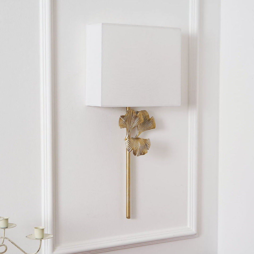 Gold Base And White Square Shade Wall Lamp With Ginkgo Leaf