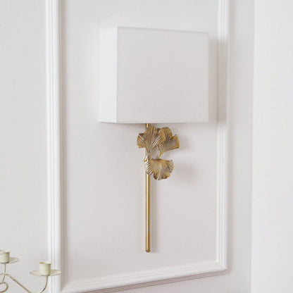 Gold Base And White Square Shade Wall Lamp With Ginkgo Leaf