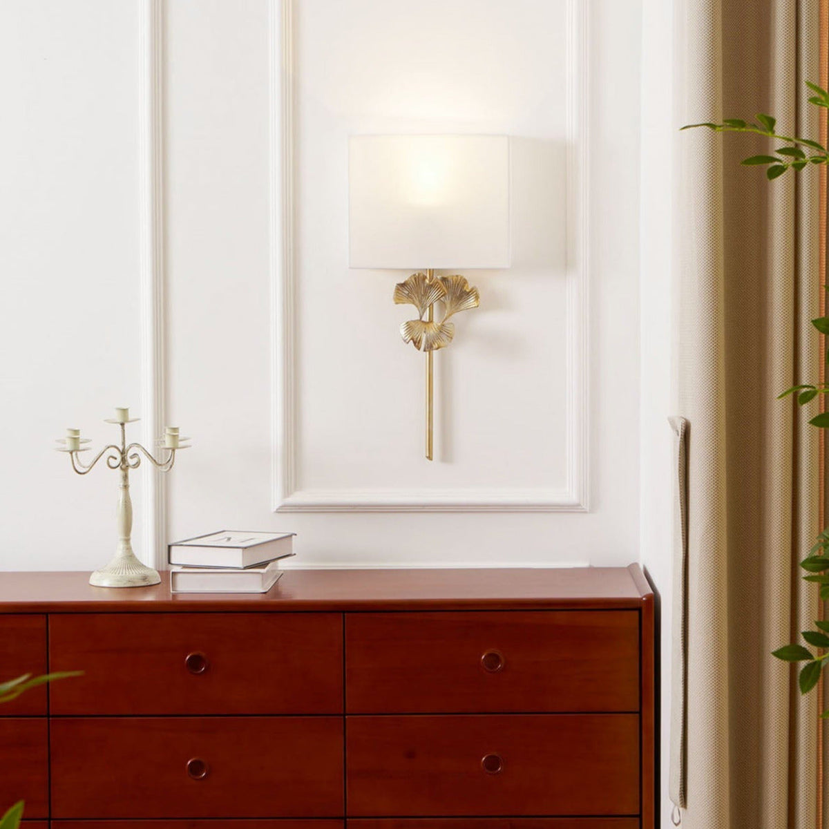 Gold Base And White Square Shade Wall Lamp With Ginkgo Leaf