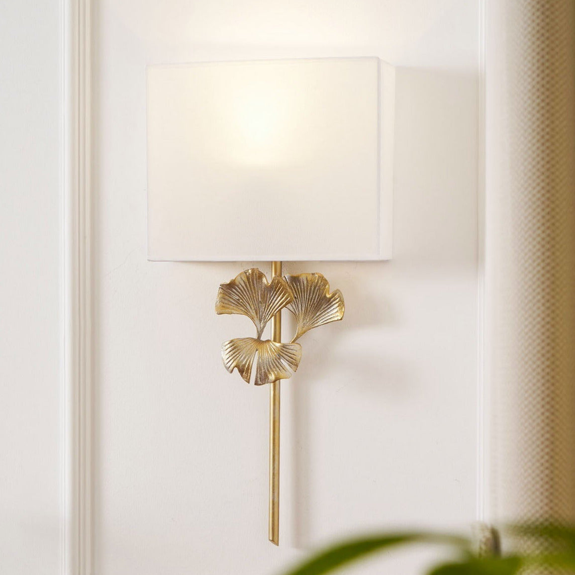 Gold Base And White Square Shade Wall Lamp With Ginkgo Leaf