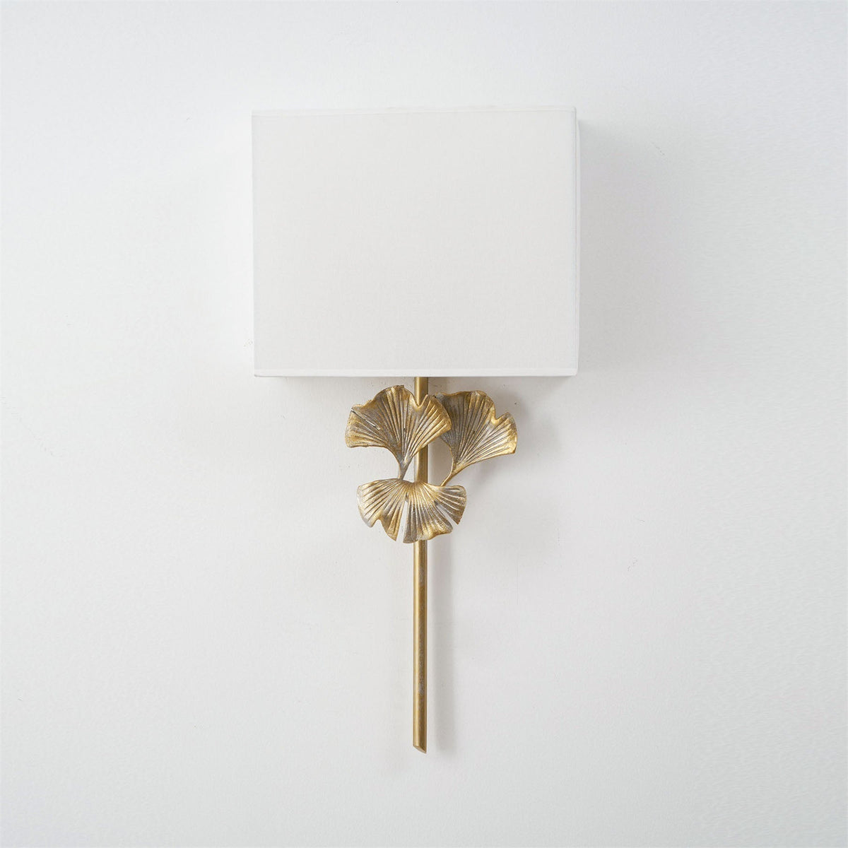 Gold Base And White Square Shade Wall Lamp With Ginkgo Leaf