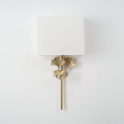 Gold Base And White Square Shade Wall Lamp With Ginkgo Leaf