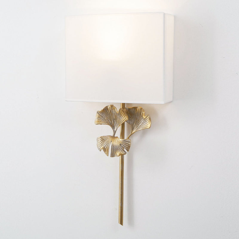 Gold Base And White Square Shade Wall Lamp With Ginkgo Leaf