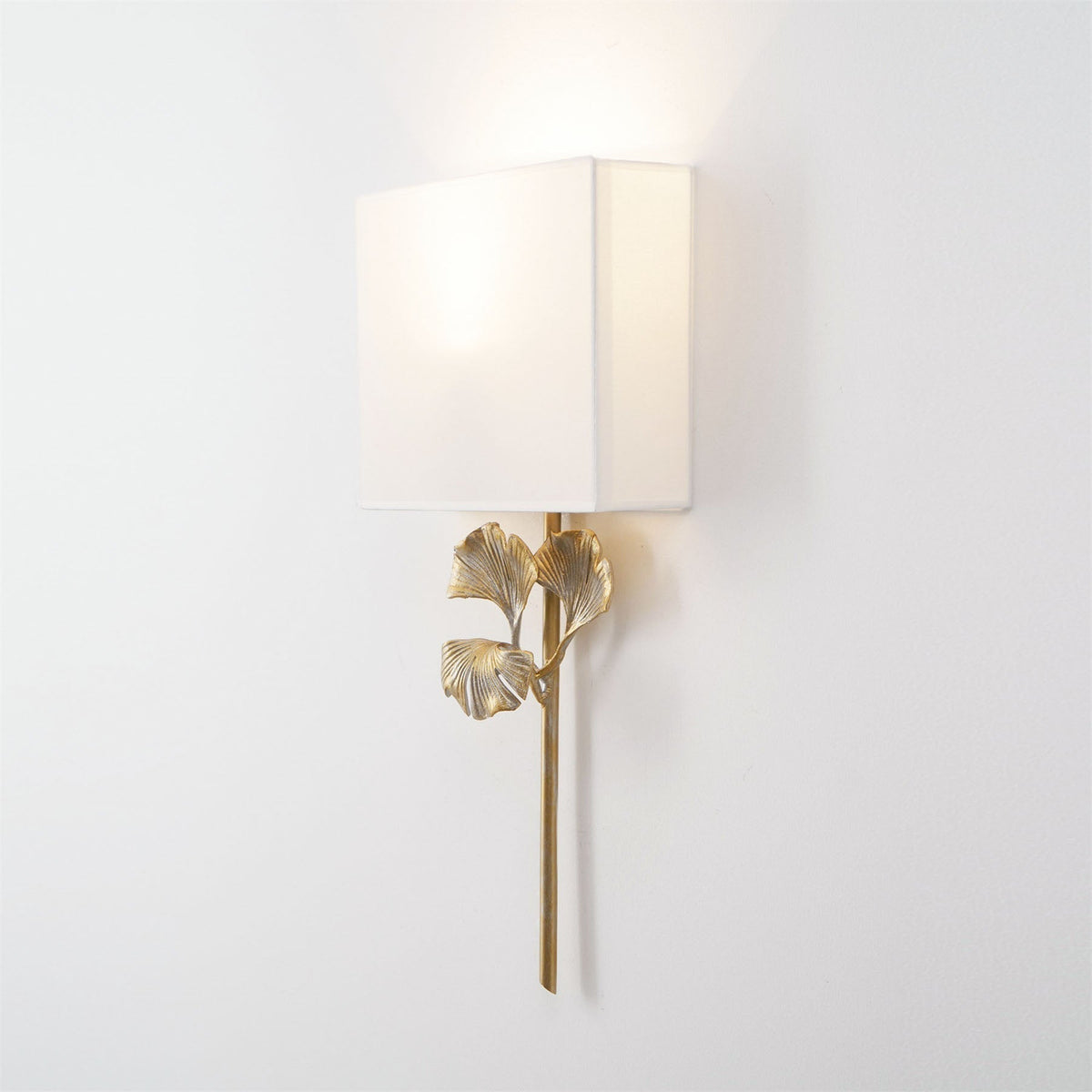 Gold Base And White Square Shade Wall Lamp With Ginkgo Leaf