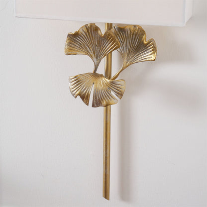 Gold Base And White Square Shade Wall Lamp With Ginkgo Leaf