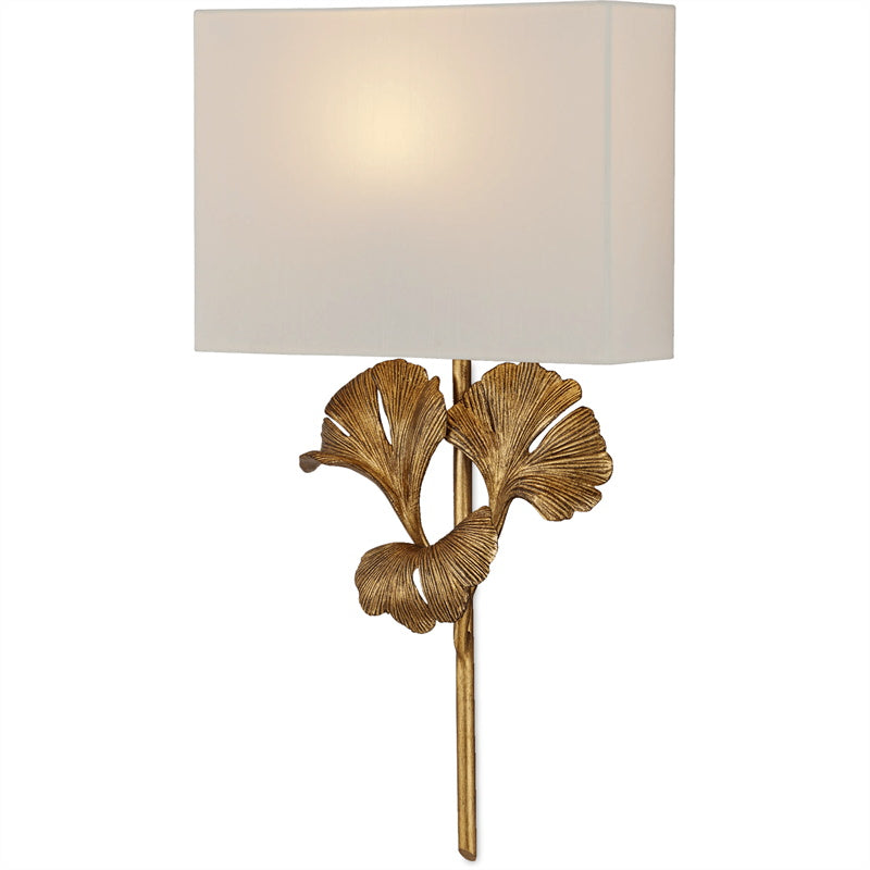 Gold Base And White Square Shade Wall Lamp With Ginkgo Leaf