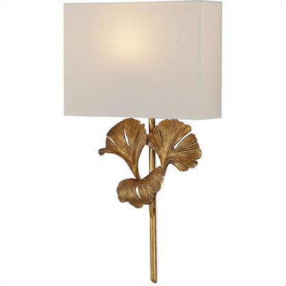 Gold Base And White Square Shade Wall Lamp With Ginkgo Leaf