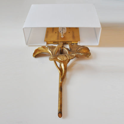 Gold Base And White Square Shade Wall Lamp With Ginkgo Leaf