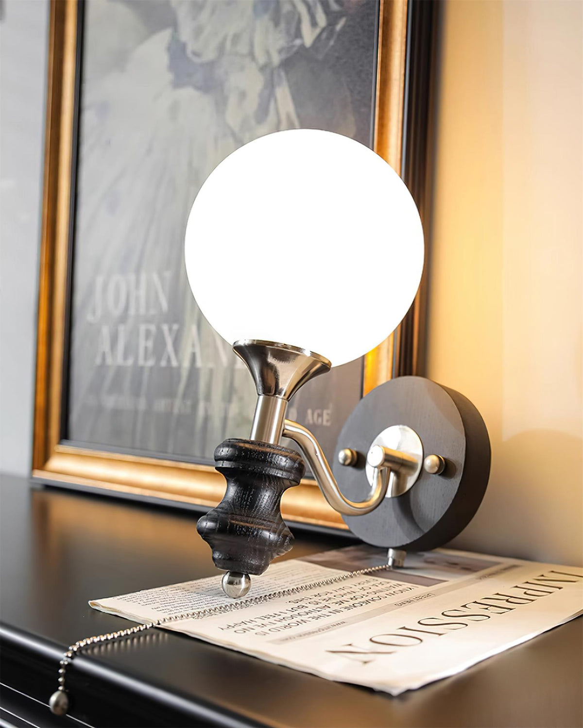 Hardwired Dimmable Wood Body Vintage Frosted Glass Wall Lamp