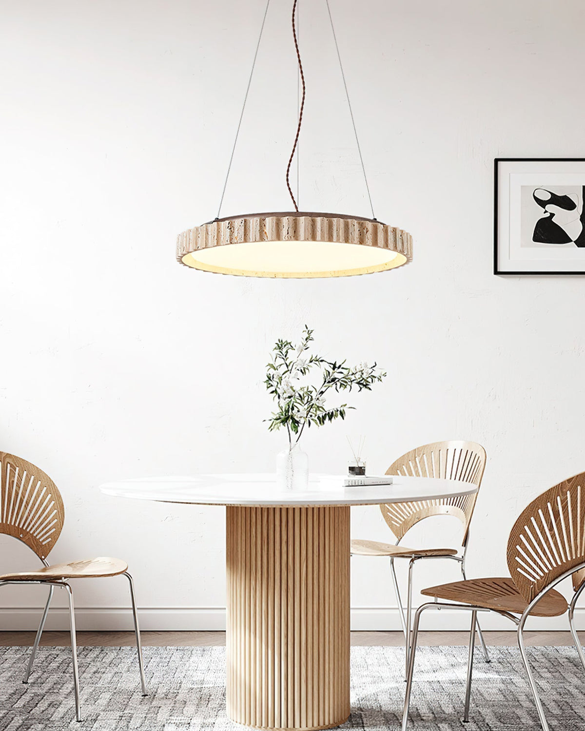 Circular Travertine Pendant Light With Warm Glow