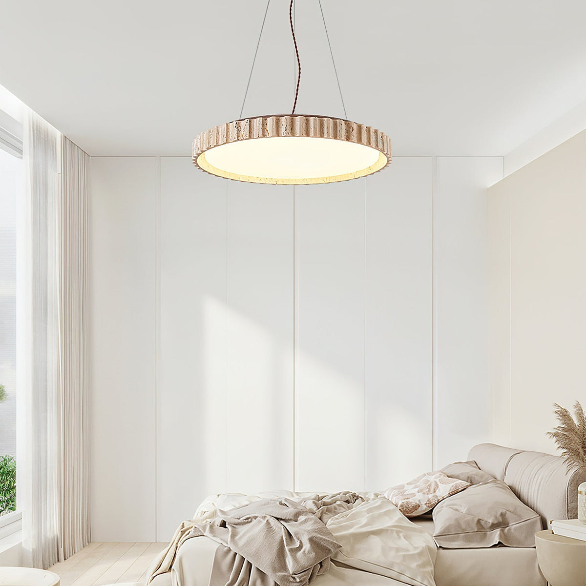 Circular Travertine Pendant Light With Warm Glow