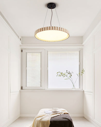 Circular Travertine Pendant Light With Warm Glow