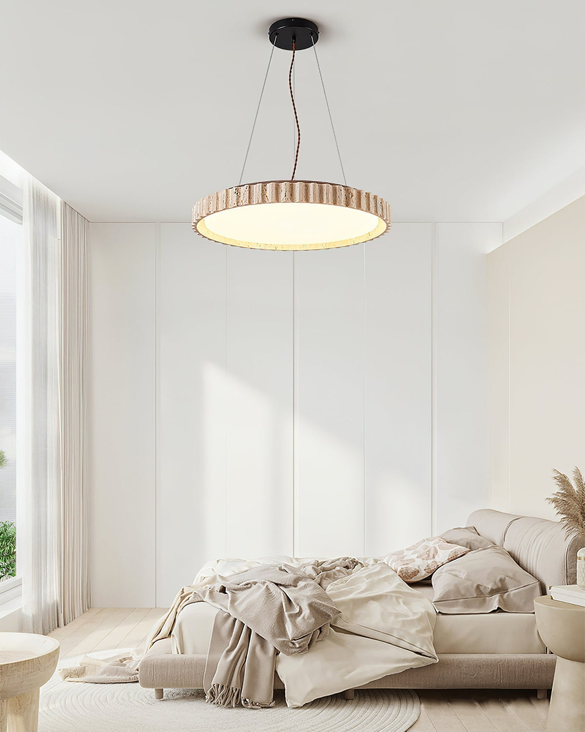 Circular Travertine Pendant Light With Warm Glow