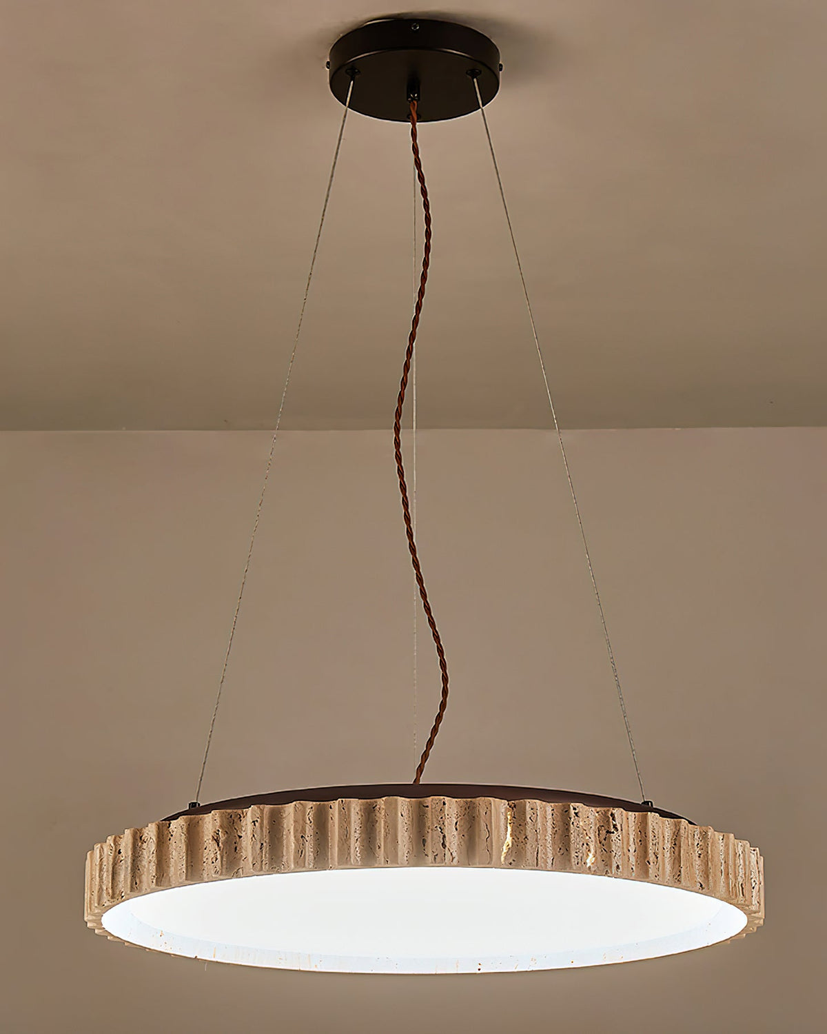 Circular Travertine Pendant Light With Warm Glow