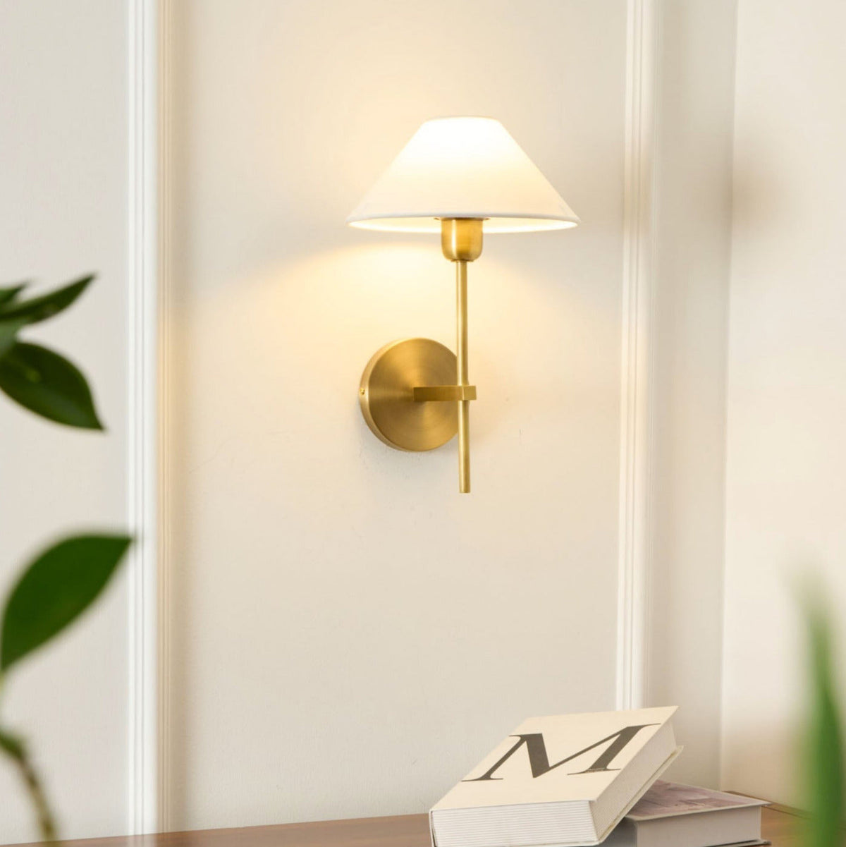 White Cone Shade Wall Light With Brushed Brass