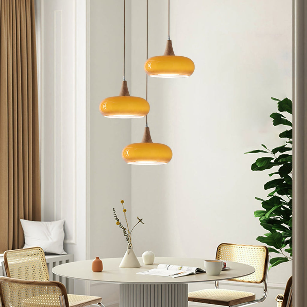 Pendant Light Amber Glass Shade Wood Warm Ambience