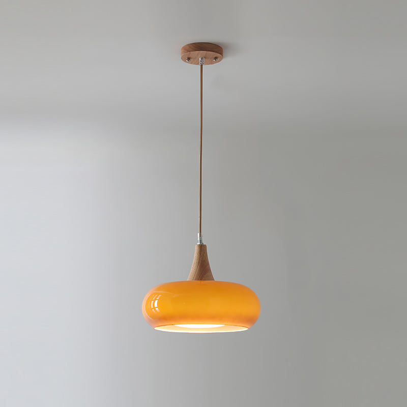 Pendant Light Amber Glass Shade Wood Warm Ambience