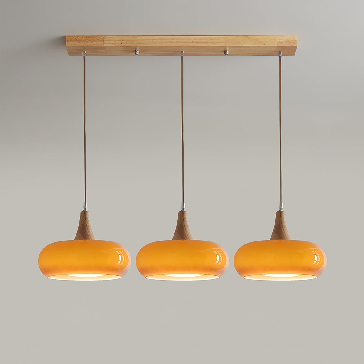 Pendant Light Amber Glass Shade Wood Warm Ambience