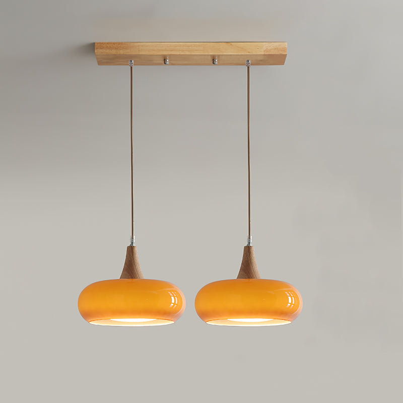 Pendant Light Amber Glass Shade Wood Warm Ambience