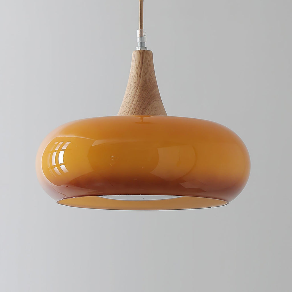 Pendant Light Amber Glass Shade Wood Warm Ambience