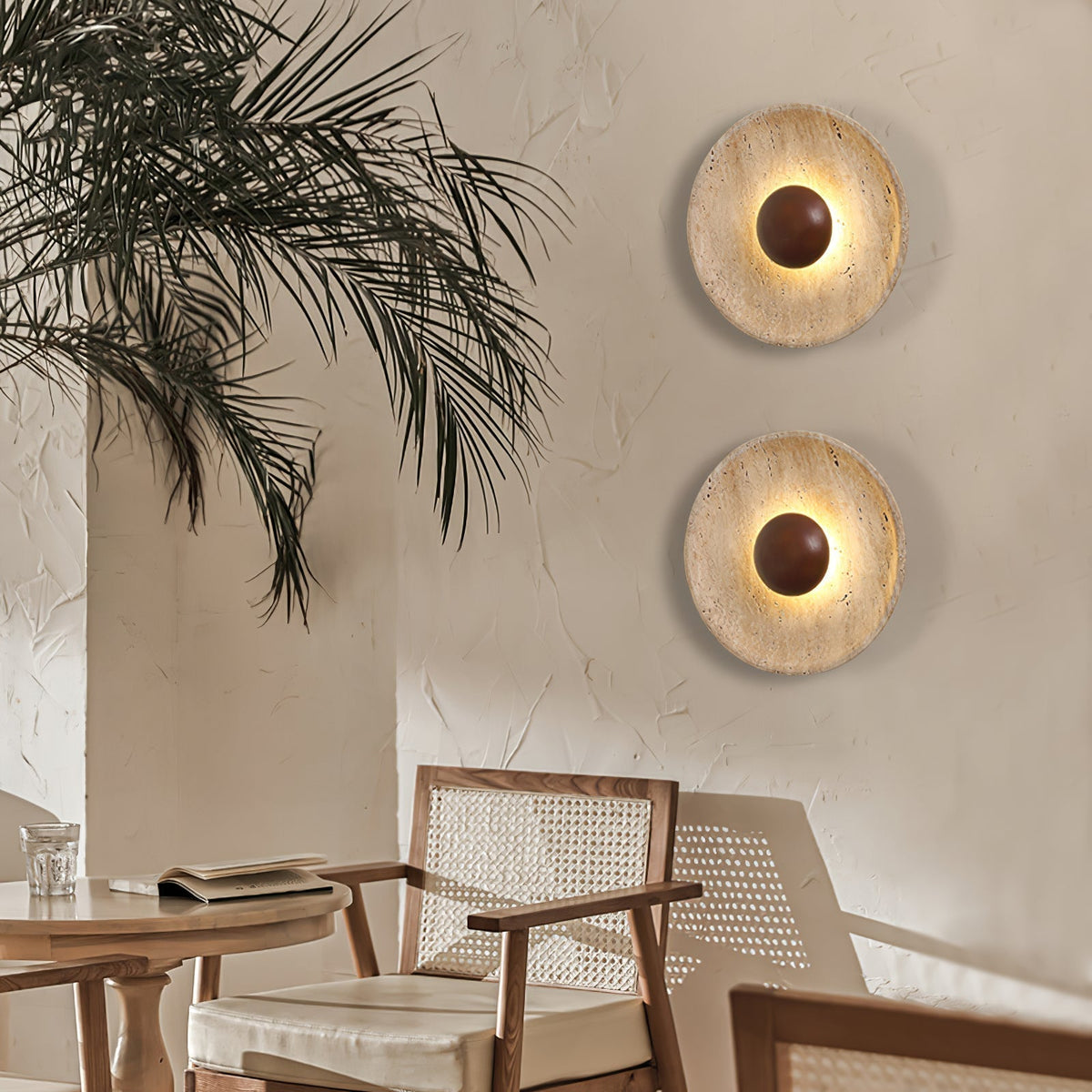 Wall Light With Wooden Sphere Sunlit Travertine