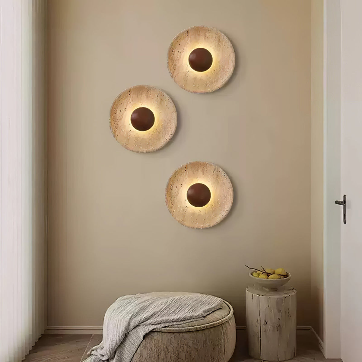 Wall Light With Wooden Sphere Sunlit Travertine
