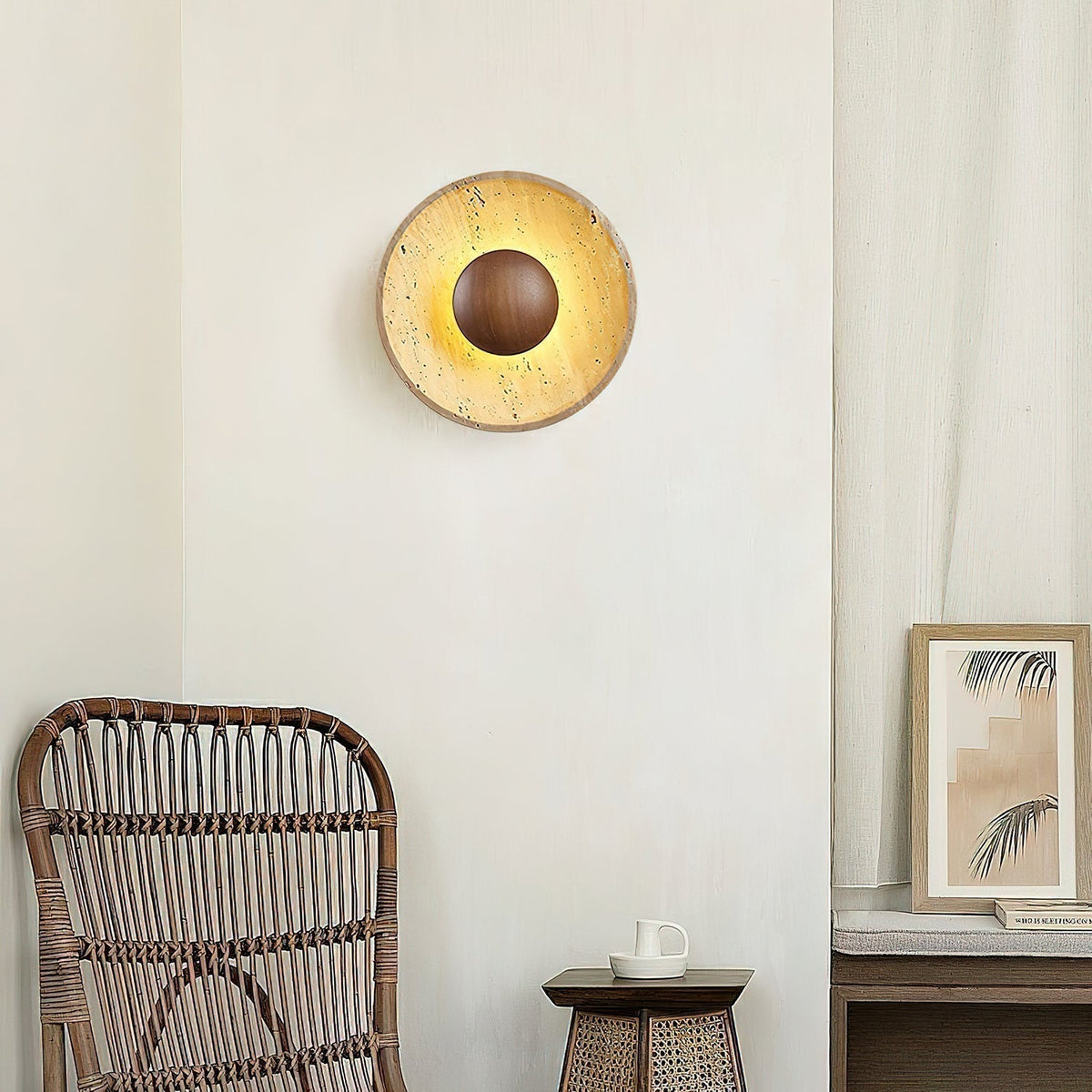 Wall Light With Wooden Sphere Sunlit Travertine