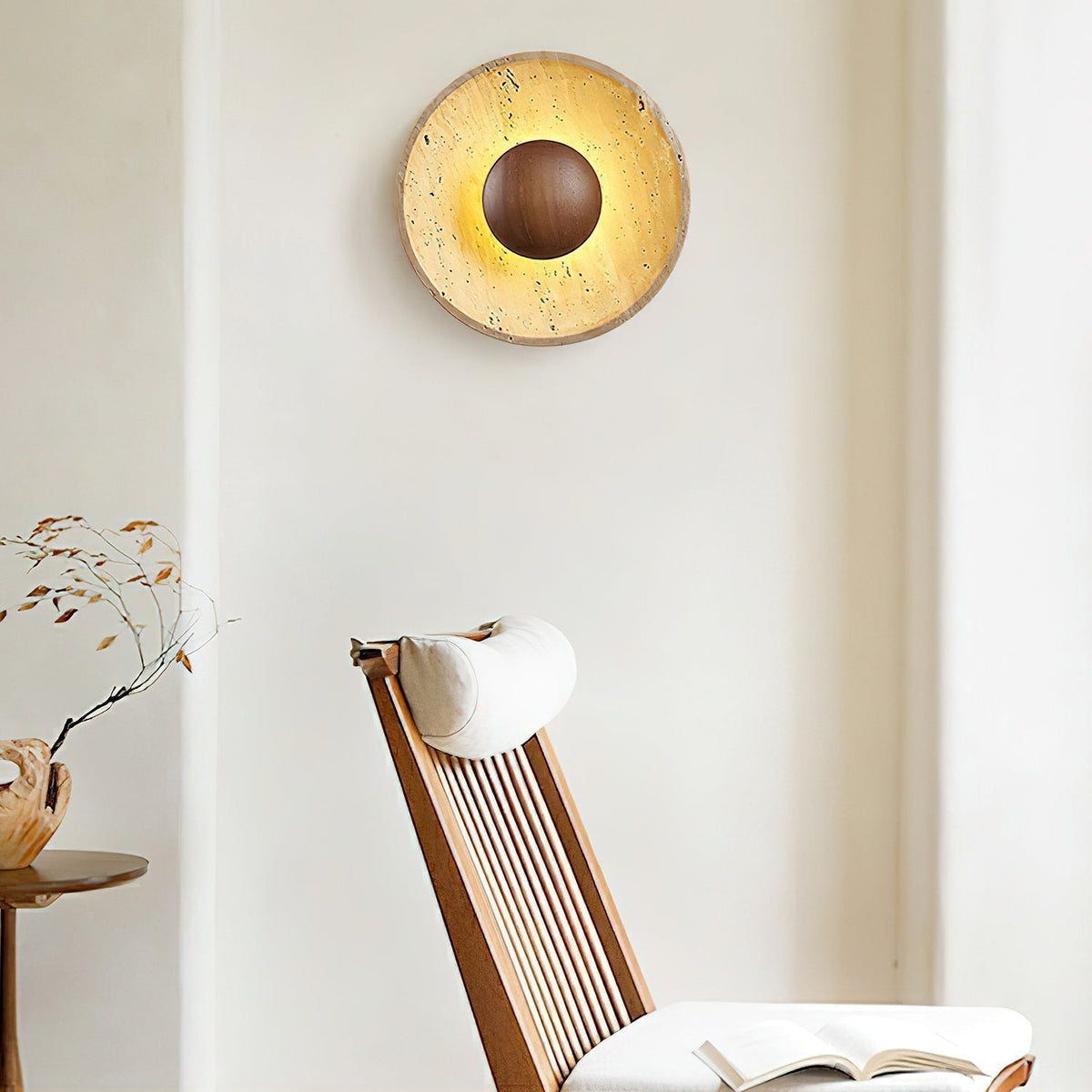 Wall Light With Wooden Sphere Sunlit Travertine