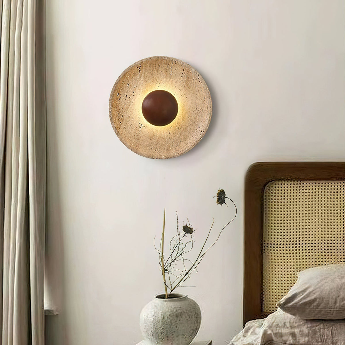 Wall Light With Wooden Sphere Sunlit Travertine