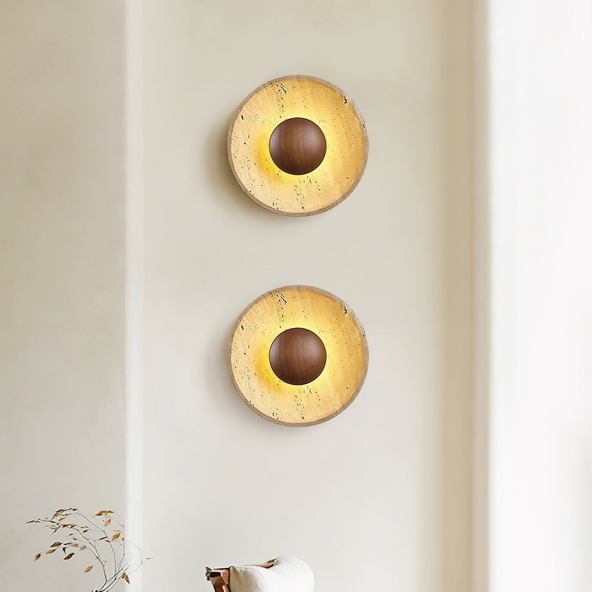 Wall Light With Wooden Sphere Sunlit Travertine