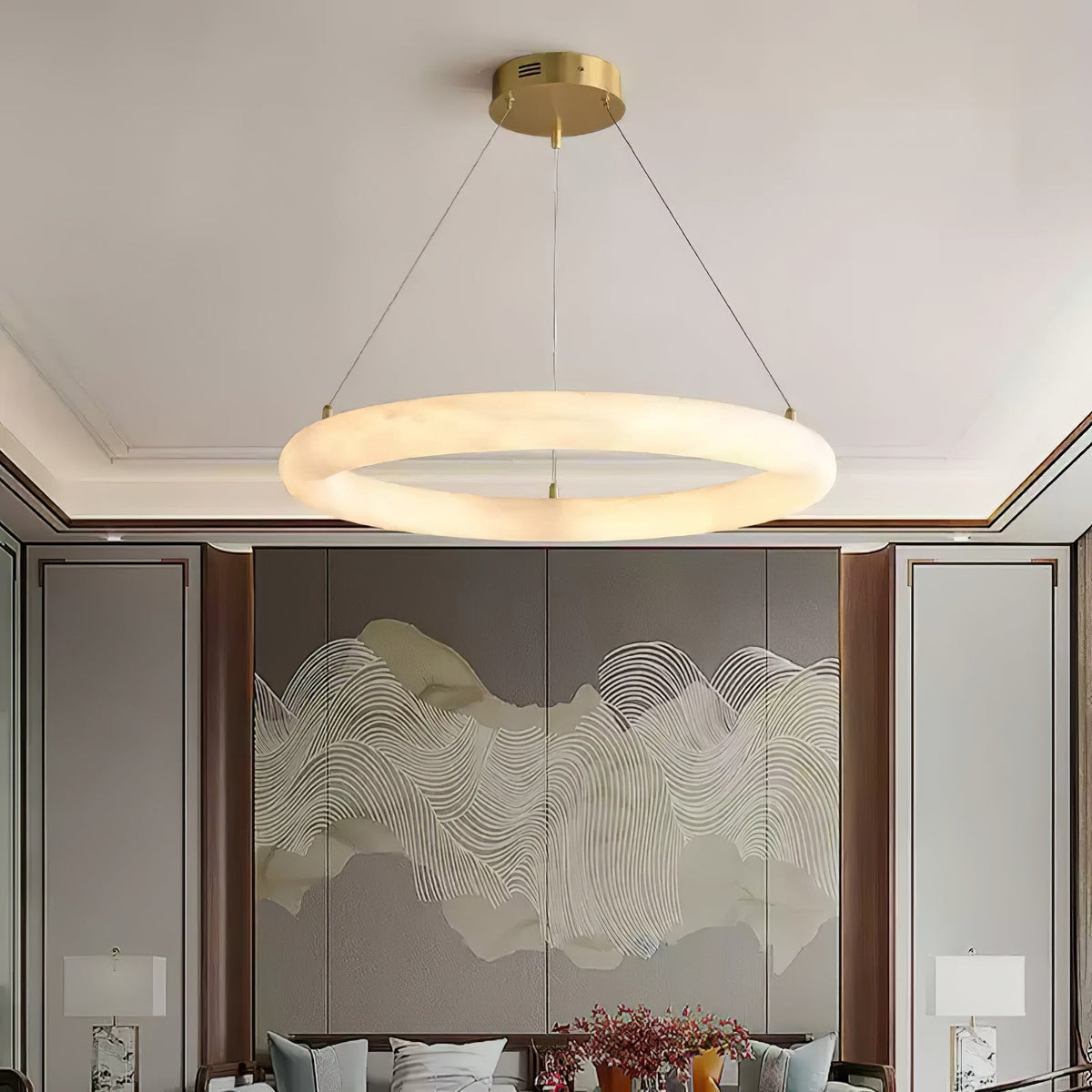 Pendant Light With Warm Ambient Glow And Circular Alabaster